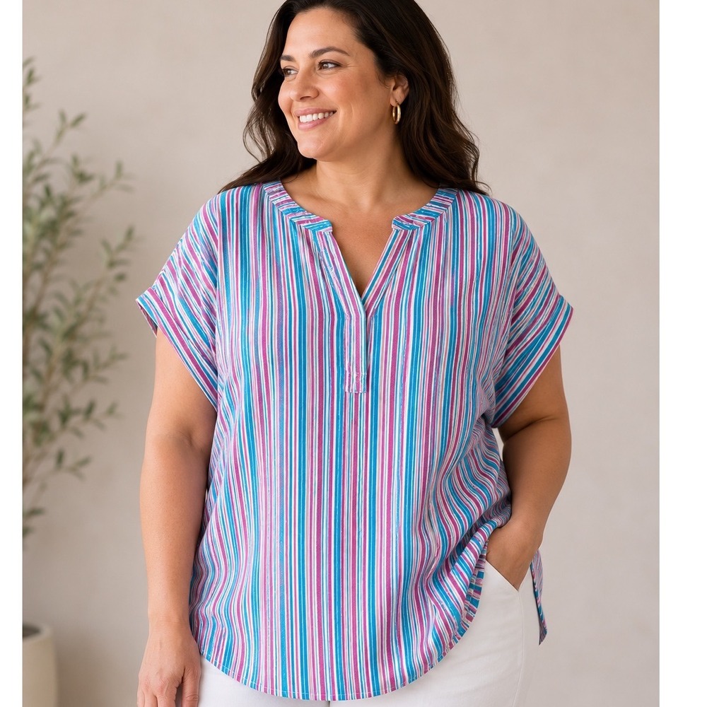 Talbots Plus 2X Blue Red Stripe Cotton Split Neck Tunic Top High Low Hem